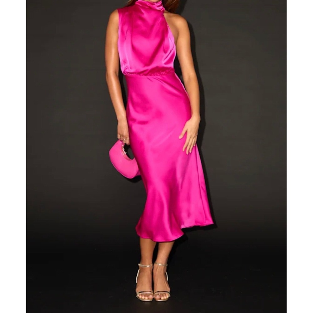 Lulus Distinctive Charm Magenta Satin Mock Neck Halter Midi Dress NWT Size M